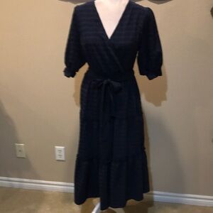 Lark+Grey Navy Blue Short Puffed Sleeve Ruffle Layered Hem Tie Waist Dress-M